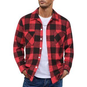 Men's Buffalo Red Flannel Shirts Casual Button Down Plaid Shirt with Pockets